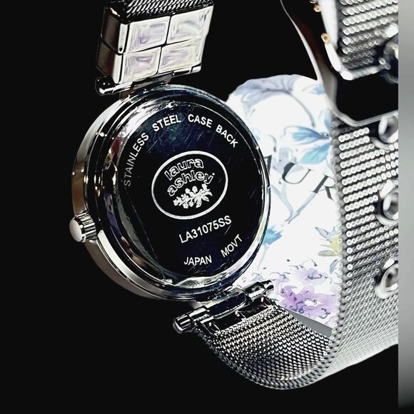 NEW Laura Ashley WATCH Ladies Silver TBar Crystal Bezel Mesh Band Buckle Strap - Picture 4 of 8